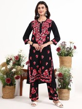 Women's Red Floral Chikankari Kurta Palazzo Set Ethnic Embroidered Co Ord Suit