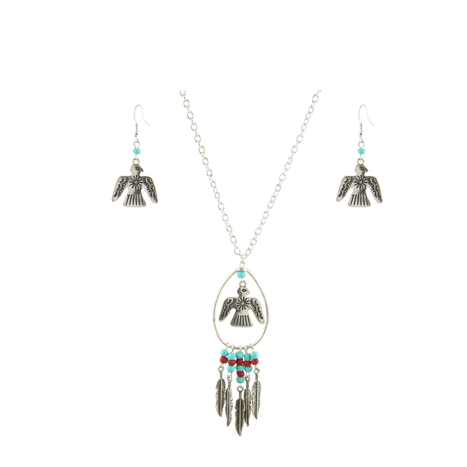 Серебряное с бирюзой ожерелье и серьги Ловец снов в виде птицы Тандерберд 2090₽