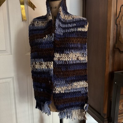 Multicolor Scarf Knit Crochet Blue Brown White Tassels 6'' by 60'' Boho Lagenlook
