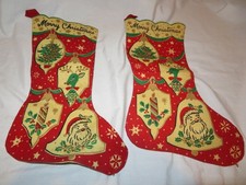 2 Vintage Large Christmas Stockings Stiff Felt Accent Sequins Beads Bright