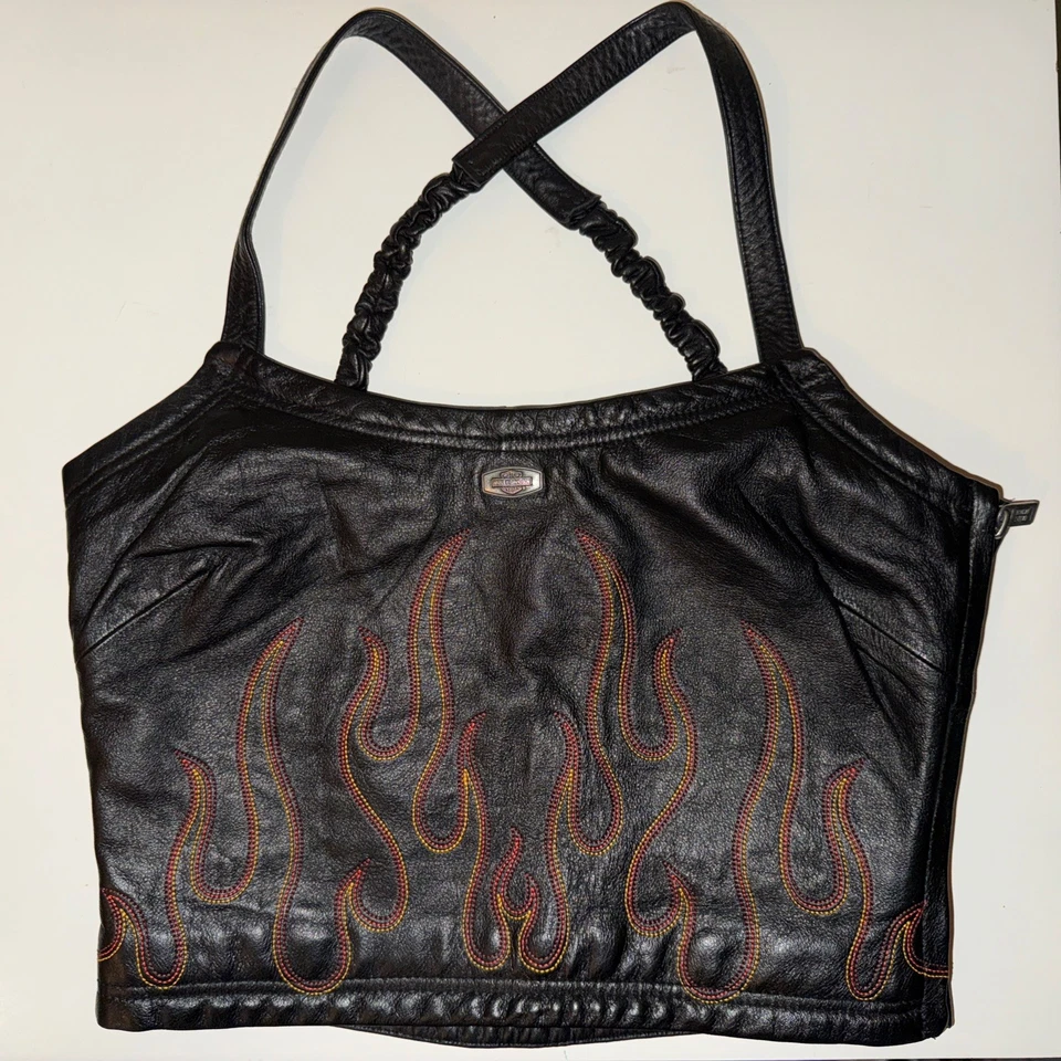 RARE Vintage Harley-Davidson Embroidered Flames Leather Bustier Crop Top - XS/S - Image 2 of 4