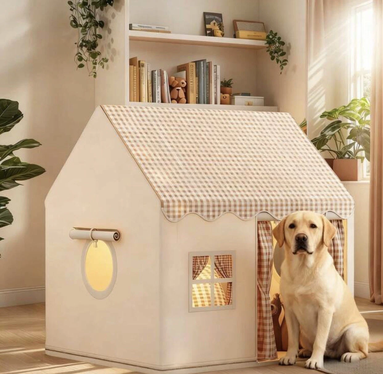 Luxury Indoor Pet House - Cozy Gingham Dog & Cat Cabin Tent