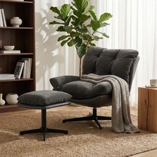 Image of Accent Chair with Footstool, Chenille Upholstered Lounge Chair, Dark Grey