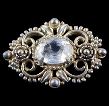Antique Pin Brooch Facet Cut Crystal Glass Art Nouveau Cast Openwork