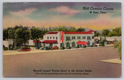 Del Camino Courts El Paso Texas Vintage Linen Postcard Tourist Court US Hwy 80