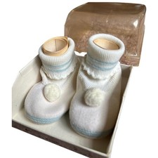 Vintage Mrs Days Ideal Baby Shoe Co Crib Shoes White Blue Pom Pom Booties Boxed