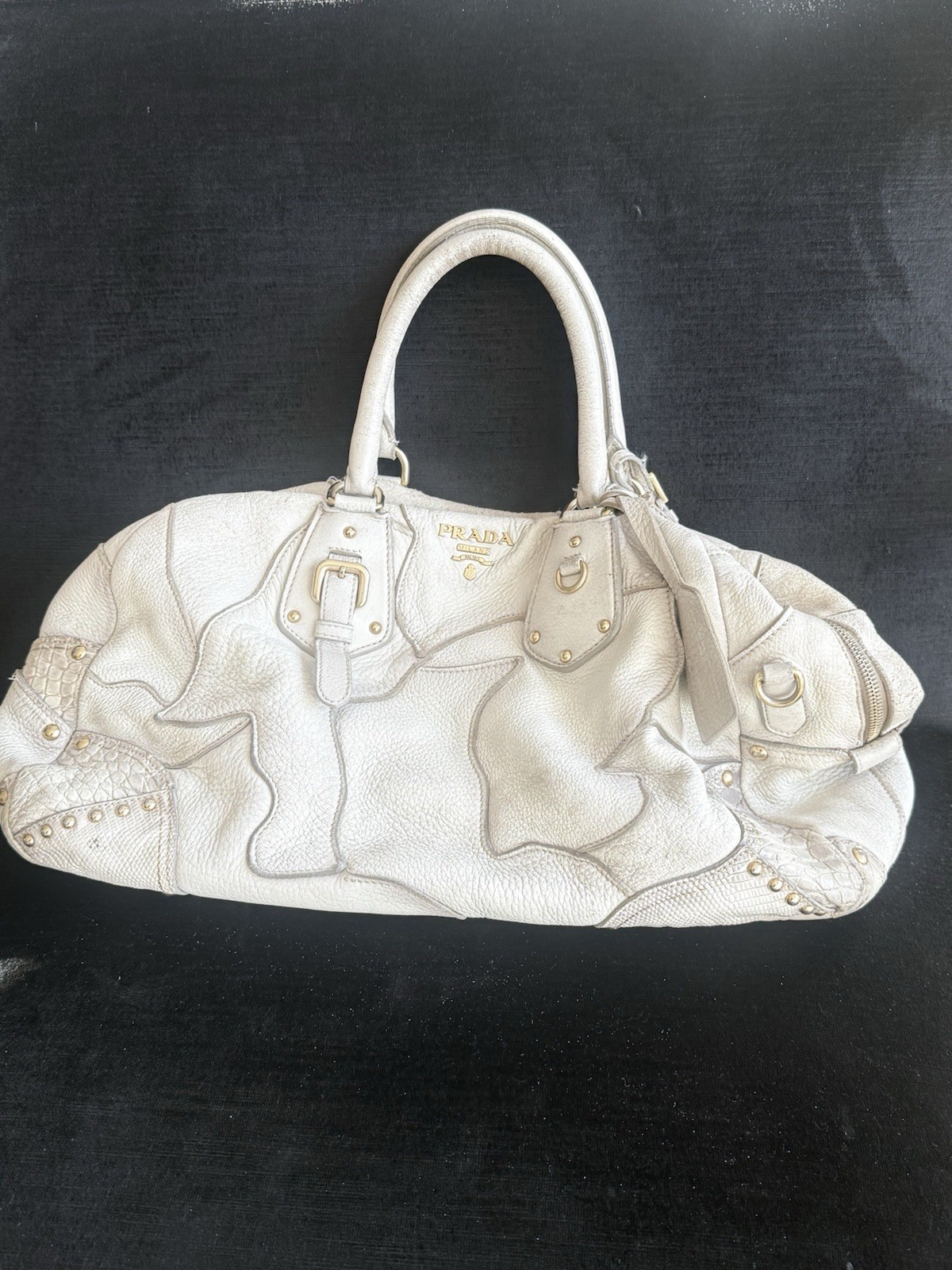 Authentic Prada Cervo Patchwork Bowler Bag Ivory … - image 14