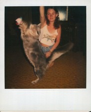 Old Vintage Photo COLOR POLAROID SOLO WOMAN PLAYING WITH CAT INSTANT PHOTOGRAPH