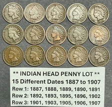 Indian Head Penny Pennies Lot of 15 Coins ALL WITH DIFFERENT DATES 1887 to 1907
