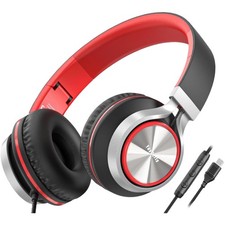 Red USB Type C Wired Over Ear Headphones With Mic Volume Control HiFi
