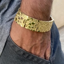 Men's 14K Gold Plated "Gold Nugget" Heavy Hip Hop Bracelet Big 24MM Thick 8" in