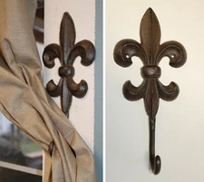Large Size Fleur De Lis Emblem Drapery Hold Backs / Tiebacks, Cast Iron, F-9b
