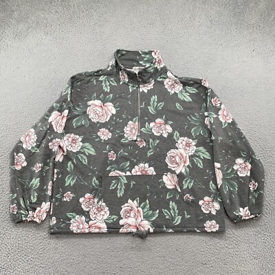 Maurices Womens Gray Floral Sweatshirt 1/4 Zip Drawstring Hem Pullover Size  L