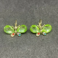 Gold Tone Dangle Earrings Green And Multicolor Butterfly With Crystals So Cute✨
