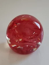Vintage Red Swirl Clear Round Glass With Bubbles PaperWeight 3" Diameter