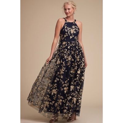 BHLDN ANTONIA FLORAL EMBROIDERED EVENING DRESS GOWN NAVY GOLD WOMENS 2 NWOT  | eBay