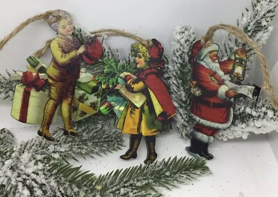 Set Of  3 Vtg Victorian Old World Ornament Hang Tag  Flat Chipboard
