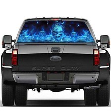 Calcomanía calcomanía de tinte gráfico de ventana trasera calavera llameante azul apta para auto camión SUV