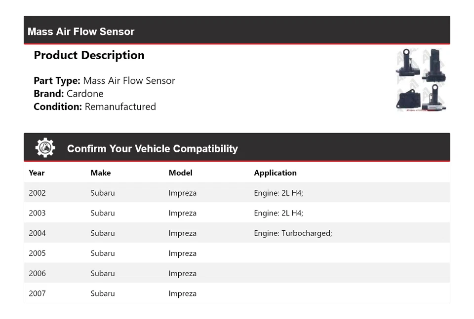 Sensor de flujo de aire masivo Cardone 2003 2004 2005 2006 para Subaru Impreza 2002-2007 Foto 2 de 4