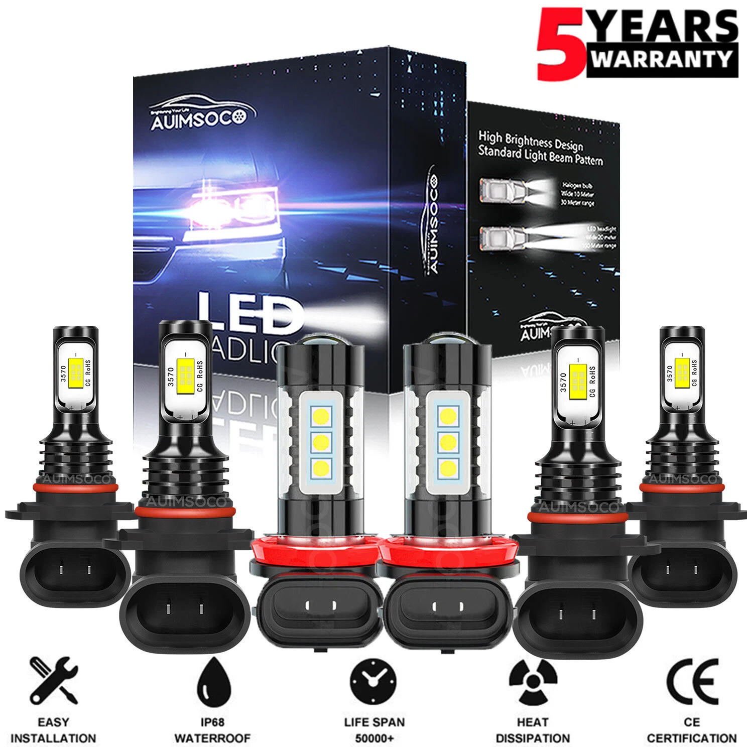 For Honda Accord Sedan 4-Door 2006-2012 LED Headlight High/Low + Fog Light Bulbs