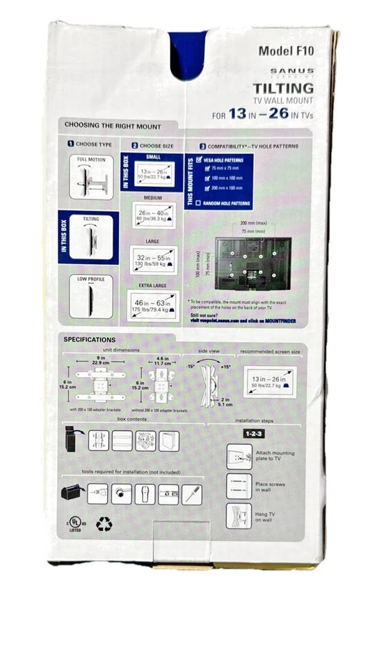 SANUS Model F10 Vuepoint Tilting TV Wall Mount For 13-26 Inch TVs - Image 2 of 4
