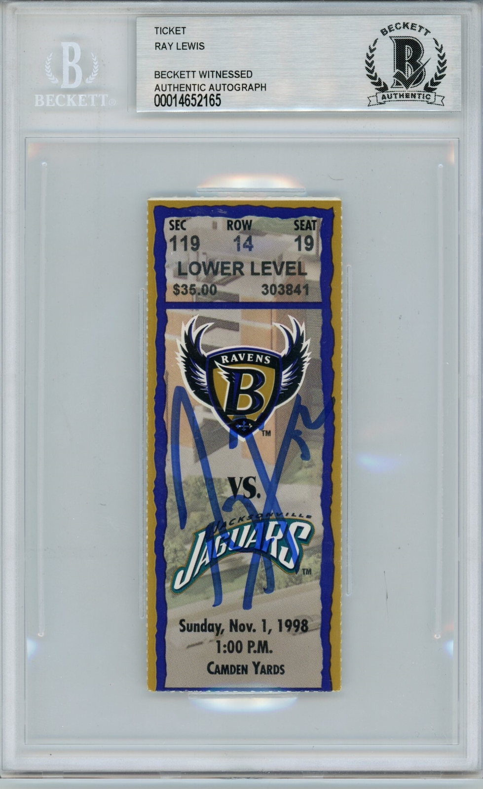 Ray Lewis Autographed Signed Baltimore Ravens Ticket 11/1/98 Vs Jaguars Beckett Slab 39452 
