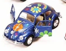 New 5" Kinsmart 1967 Volkswagen Beetle w/ Flowers Decals Diecast Model 1:32 Blue