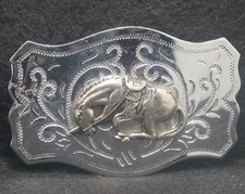 XD17122 VINTAGE 1970s HORSE LAYING WESTERN ANIMAL SILVERTONE MENS BELT BUCKLE