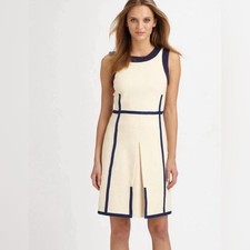 Tory Burch Sleeveless Sheath Dress Cream Navy Trim Pleated Midi Size M