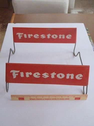 Vintage Firestone Gas & Oil Metal Tire  Holder Display Rack Advertising TIN Sign