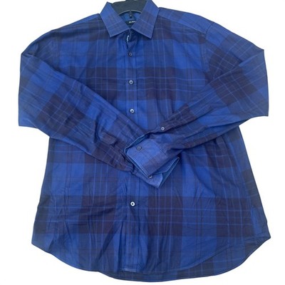 Bugatchi Button Down Shirt Blue Navy Plaid Shaped Fit Mens Medium
