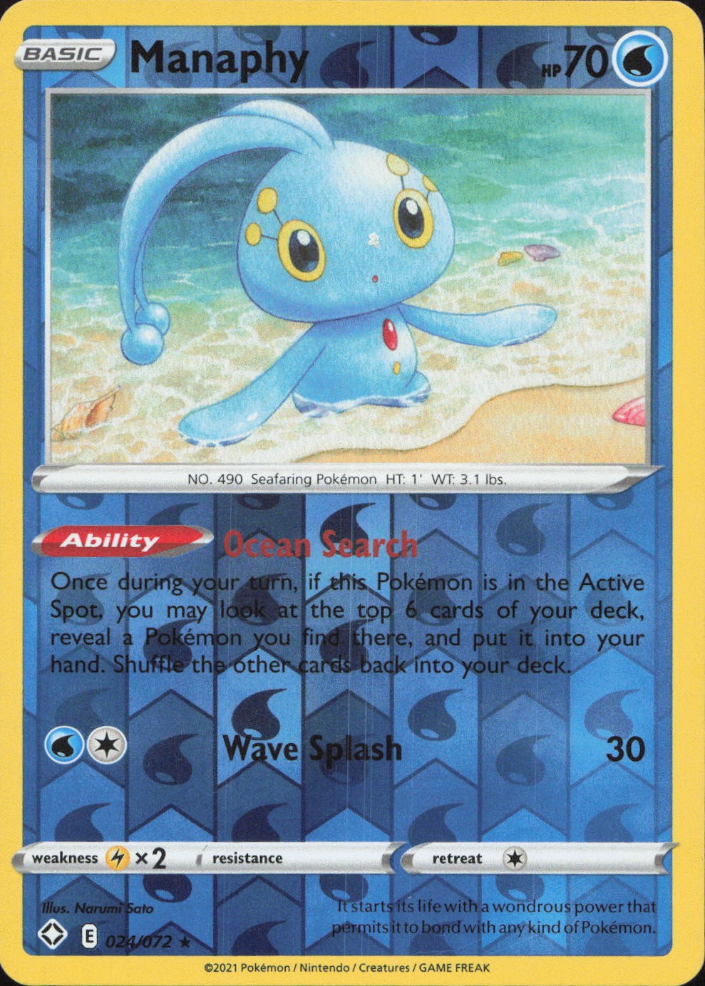 Manaphy 024/072 RARE REVERSE HOLO Shining Fates Pokemon Lightly Played