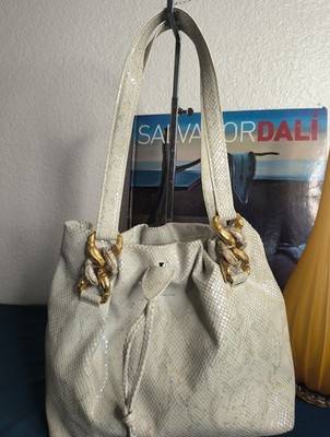 Silvano Biagini Snake Print Champagne Beige Metallic Leather Drawstring Handbag