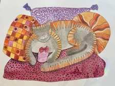Cat nap with gift whimsical modern folk outsider original painting art