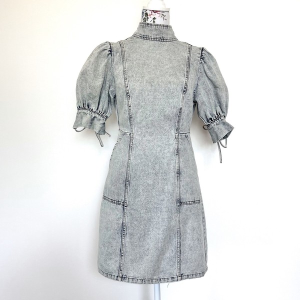 Tigerlily Denim Mini Dress Size 10 Acid Wash Open Back Bow High Neck Puff Sleeve