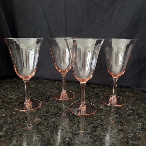 Set of 4 Antique Tiffin Pink Optic Panel Water Wine Glasses - Excellent!