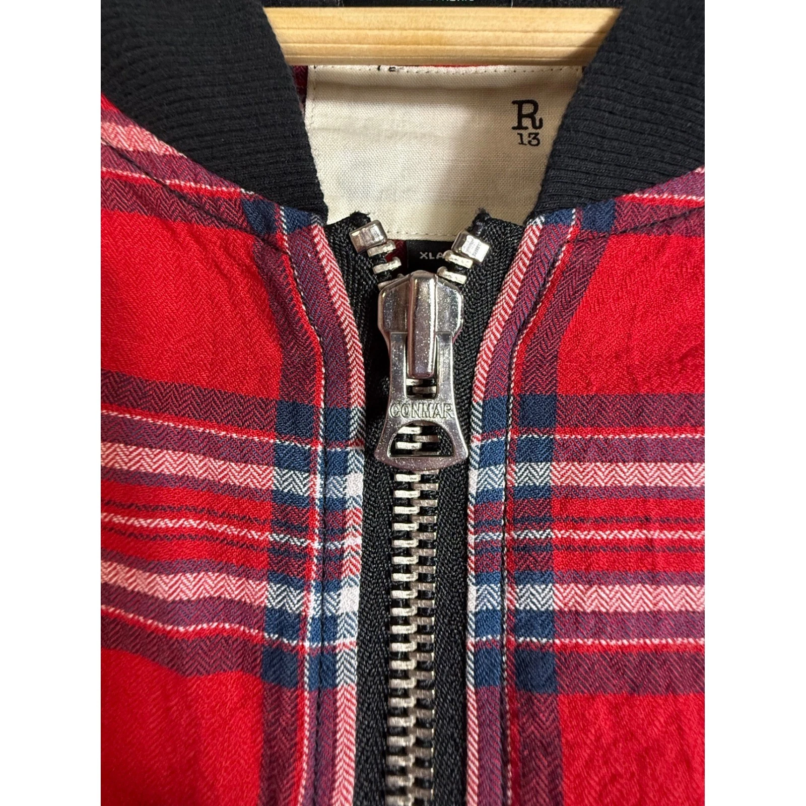 R13 Flight Shirt Mens XL Red Plaid Japanese Fabric Zip Up Bomber Jacket Longline - product detail image 12
