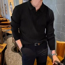 Men's Fitted Shirt Vertical Striped Casual Lapel Long Sleeved Knit Shirt Tops