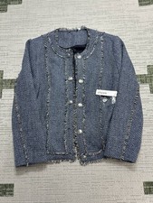 Chicos Tweed LS Jacket Women 14 Blue Wool Blend Stretch Fringe Trim Lined Winter