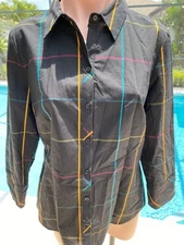 7th Avenue Dark Black Plaid  shirt blouse Button Front Womens M NEW Medium