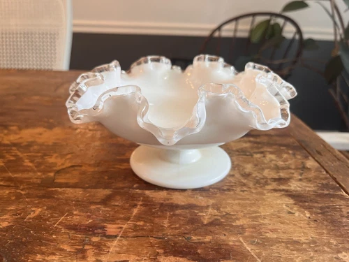 Vintage Fenton Crest Ruffled Edge Milk Glass Pedestal Bowl MCM 8”