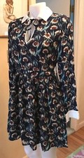 Forever 21 L.A.Navy Blue & WHITE TRIM Long Sleeve FLORAL MINI Dress Size MED-NWT