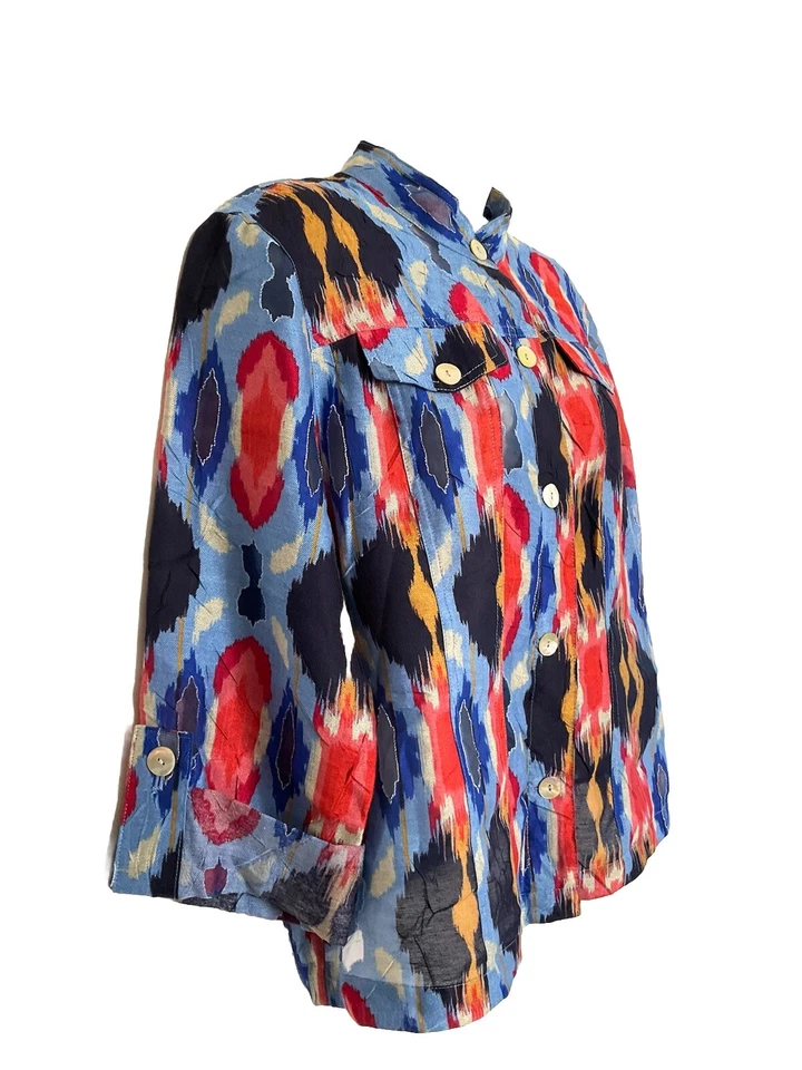 Ruby Road 12 lightweight jacket blue black red Aztec burn out 3/4 roll tab slv - Image 2 of 4
