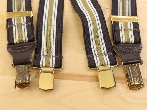 Vtg Hickok Striped Suspender's Brass Hardware Brown Green - Picture 2 of 5