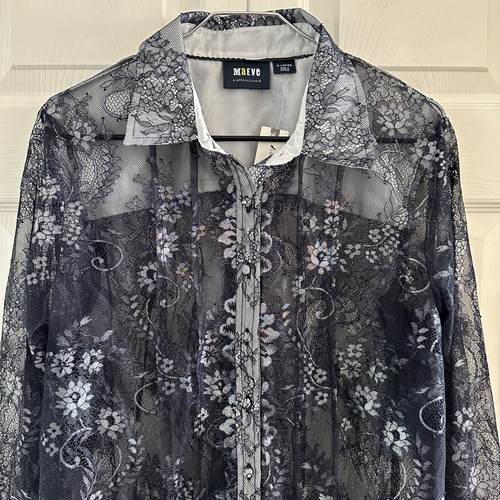 Anthropologie Maeve Metallic Sheer Floral Lace Button Long Sleeve Blouse Size XL - Picture 5 of 13