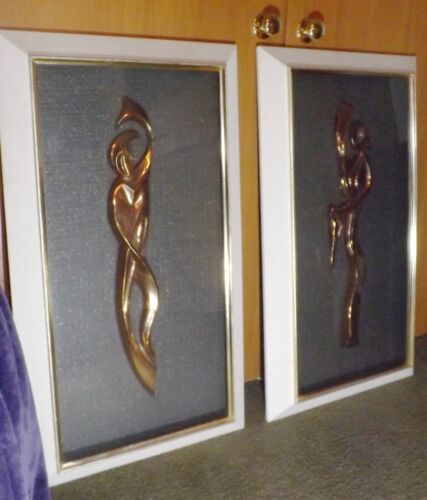 2 Mid Century Atomic Age Stylized 3-D Gold Ballet Dancers Framed Wall Hangings - Picture 3 of 15