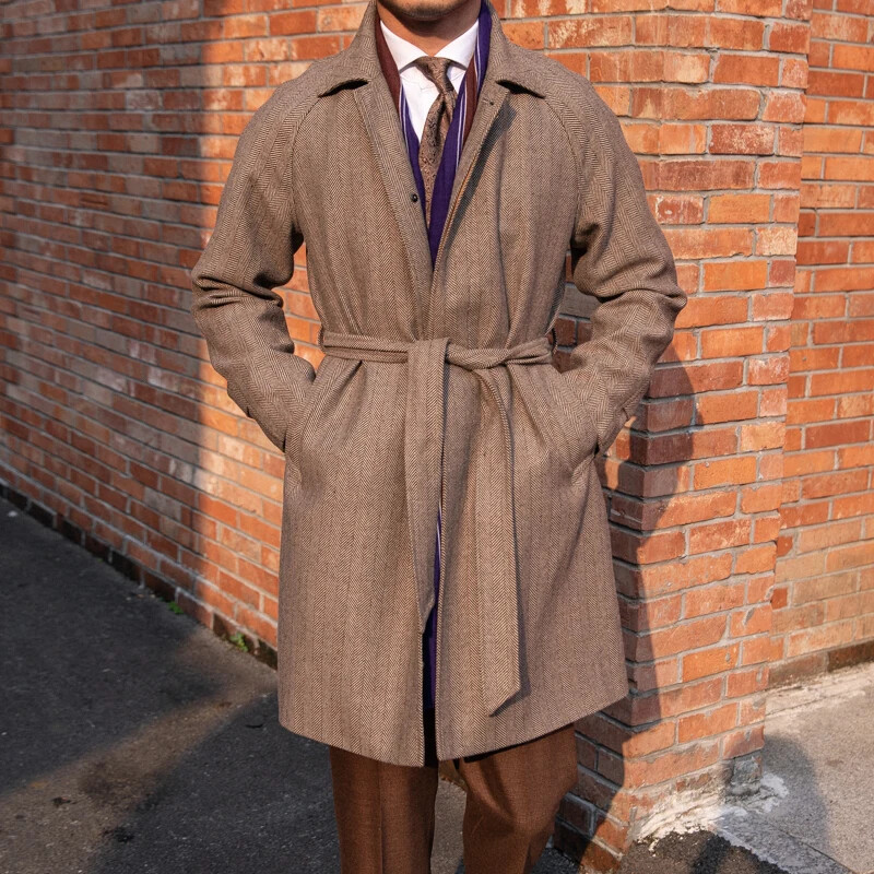 Men's Winter Long Coat Tweed Wool Balmaccan Style Long Slim Fit