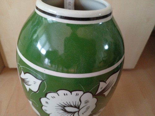 Alte Blumenvase, Kermaik, Vase, Kermaikvase H= 30 cm , Grün mit Blumenmuster - Bild 5 von 9