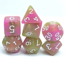 New 7 Piece Polyhedral Apple Taffy Dice Set Pink Trans Glitter Green W/ Dice Bag