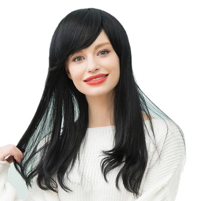 Side Bangs Straight Black Human Hair Women Full Head Wig Long